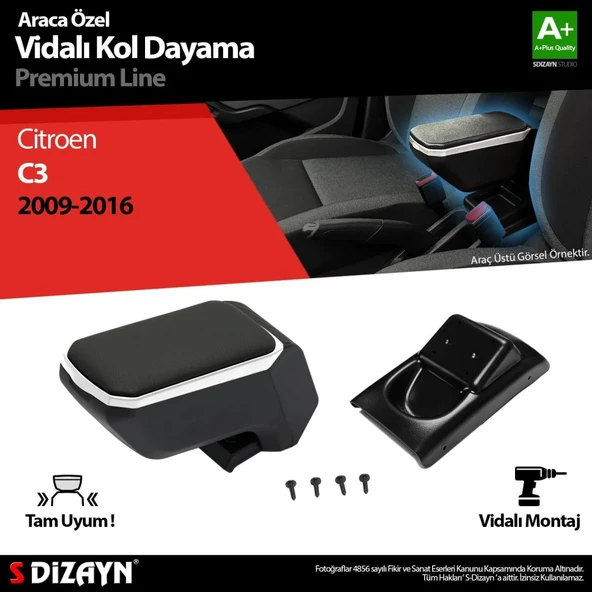 Citroen C3 Uyumlu Kol Dayama Kolçak ABS Vidalı Gri 2009-2016 A+Kalite Parça ürün görseli 1