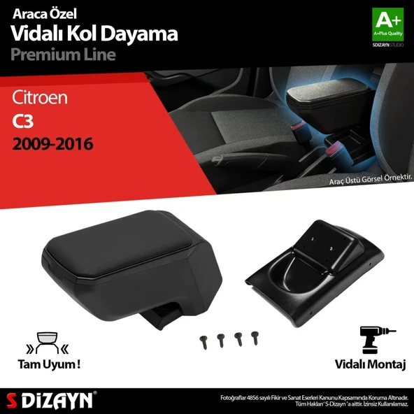 Citroen C3 Uyumlu Kol Dayama Kolçak ABS Vidalı Siyah 2009-2016 A+Kalite Parça ürün görseli 1