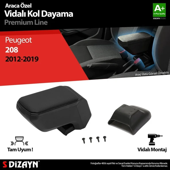 Peugeot 208 Uyumlu ABS Vidalı Kol Dayama Kolçak Siyah 2012-2019 A+Kalite Parça ürün görseli 1