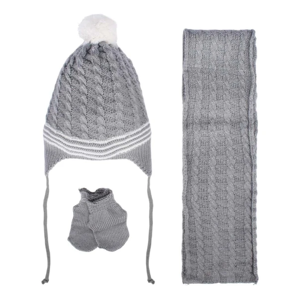 Unisex Gri Beyaz Saç Örgü Desenli Triko Atkı Bere Set ürün görseli 1
