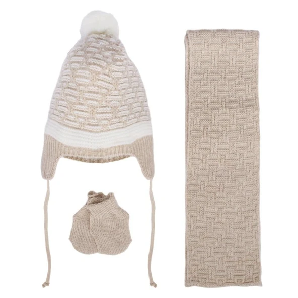 Unisex Kahve Beyaz Karışık Çizgi Desenli Triko Atkı Bere Set ürün görseli 1