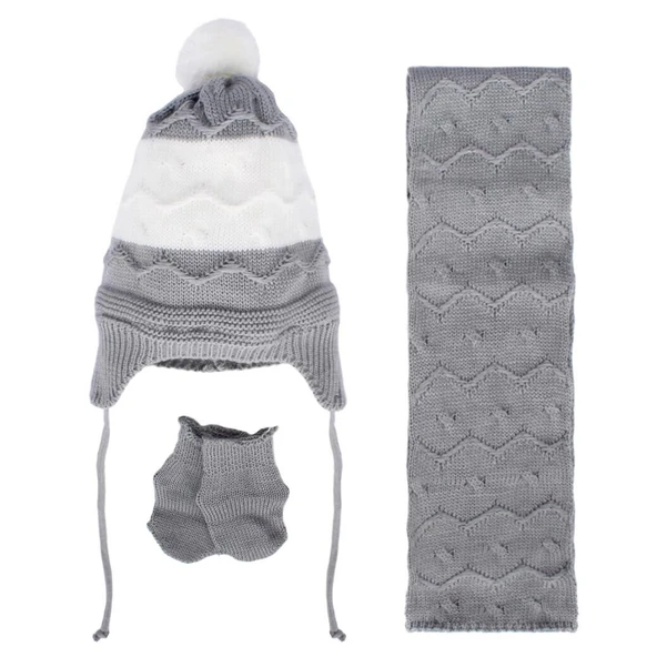Unisex Gri Beyaz Dalga Desenli Triko Atkı Bere Set ürün görseli 1