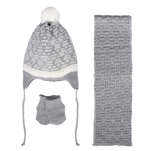 Unisex Gri Beyaz Karışık Çizgi Desenli Triko Atkı Bere Set ürün görseli 1