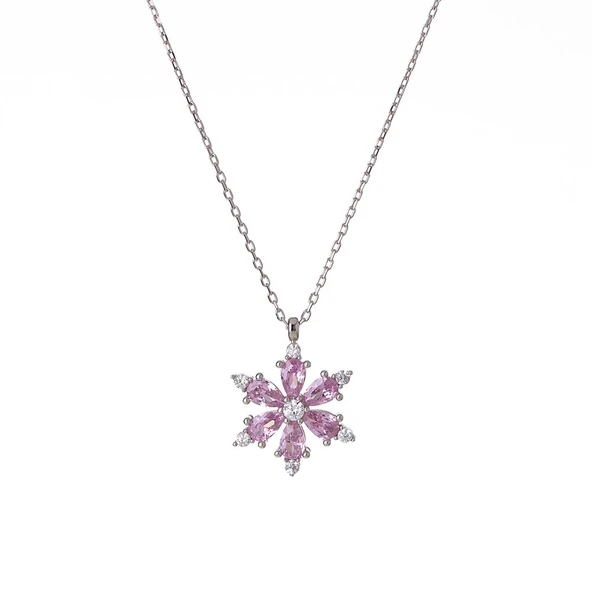 Pembe Zirkon Taşlı Lotus Çiçeği Model 925 Ayar Gümüş Kadın Kolye ürün görseli 1