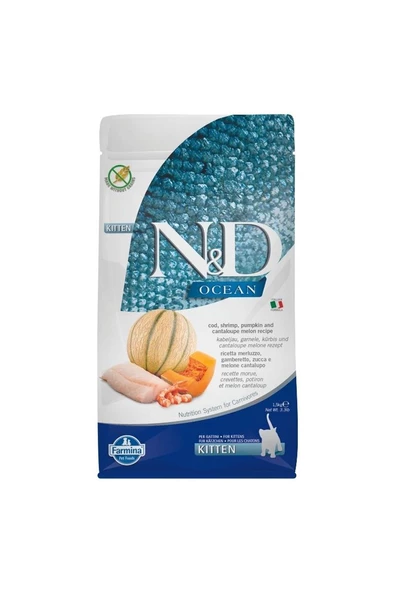 N&D Ocean Tahılsız Morina Balığı, Karides, Balkabağı & Kavun Yavru Kedi Maması 1,5 Kg ürün görseli 1
