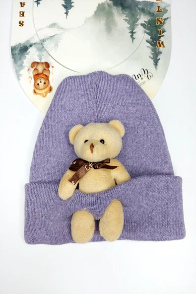 Hanece Kids Peluş Lila Ayıcıklı Kız Çocuk Bere ürün görseli 1