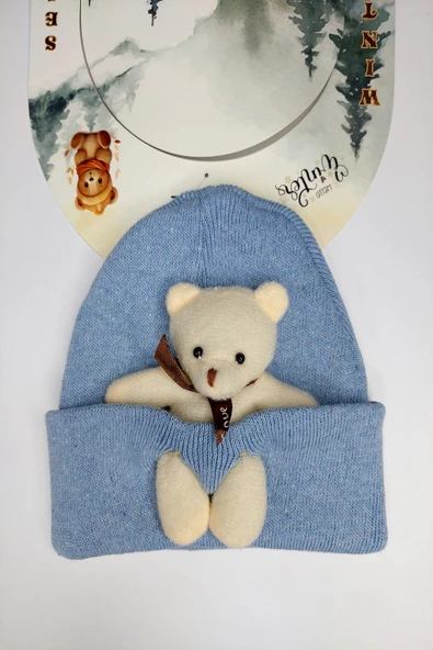 Hanece Kids Peluş Buz Mavi Ayıcıklı Erkek Çocuk Bere ürün görseli 1
