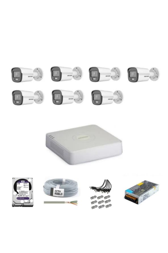 HİKVİSİON Colorvu Gece-karanlıkta Renkli 7 Ahd Kameralı Güvenlik Kamera Kuruluma Hazır Set 500GB HARDDİSK ürün görseli 1