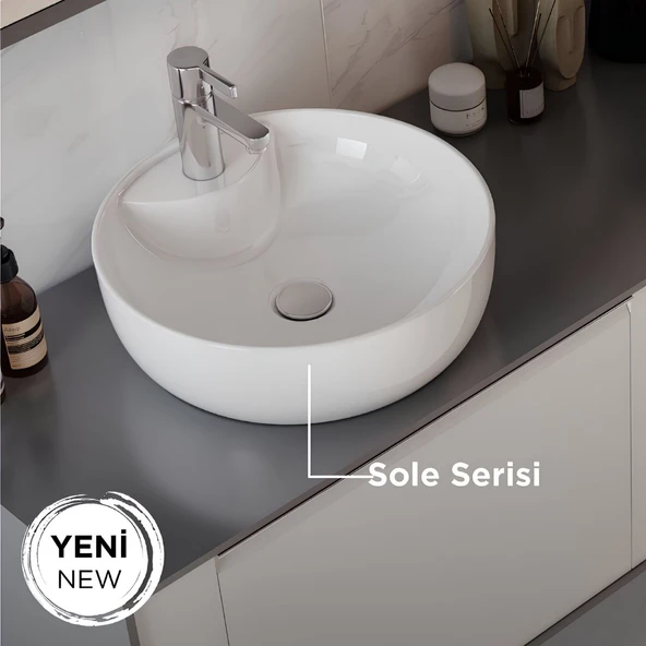 Seramiksan Sole Oval Tezgâh Üstü Beyaz Batarya Delikli Lavabo 42x42 Cm A002843H ürün görseli 1