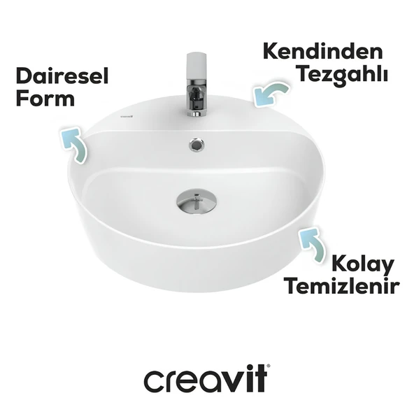 Creavit Loop Oval Tezgâh Üstü Batarya Delikli Beyaz Lavabo 45x45 Cm LP146 ürün görseli 1
