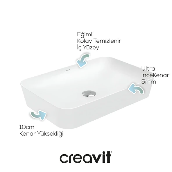 Creavit Ultra Dikdörtgen Tezgâh Üstü Batarya Deliksiz Beyaz Lavabo 60x40 Cm UL060 ürün görseli 1