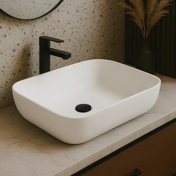 Turavit Loft Tezgâh Üstü Batarya Deliksiz Beyaz Lavabo 40x60 Cm LFT0707 ürün görseli 1