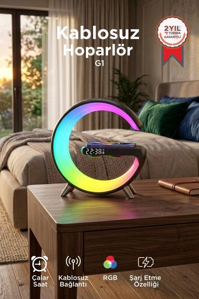 Bluetooth Hoparlör Kablosuz Şarjlı Saat Masa Lambası 3in1 G1 Siyah ürün görseli 1