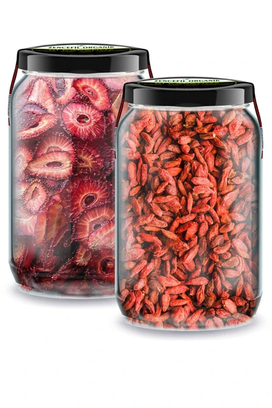 Bi Kavanoz Goji Berry + Bi Kavanoz Yaprak Çilek Kurusu Çilek Cipsi 660 cc'lik 2 Adet Cam Kavanozda ürün görseli 1