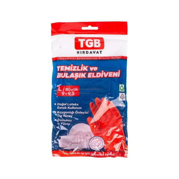TGB Mutfak Bulaşık Temizlik Ev İş Eldiveni - Kırmızı - No: 8 / Medium - 1 Çift Paket ürün görseli 1