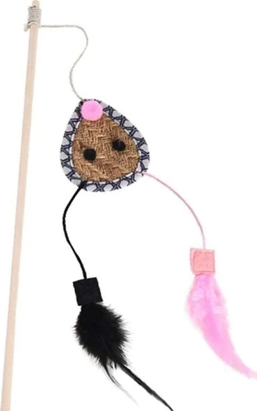 Zampa Tüylü Hasır Oyuncaklı Kedi Oltası, Kahverengi 40 Cm ürün görseli 1