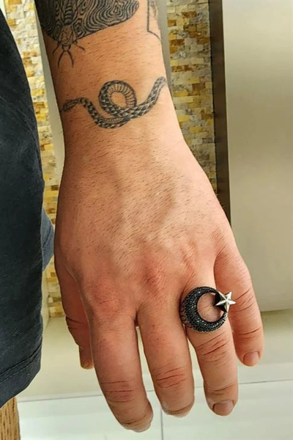Oniks Taşlı 925Ayar Gümüş Ay Yıldız Tasarım Yüzük ürün görseli 1