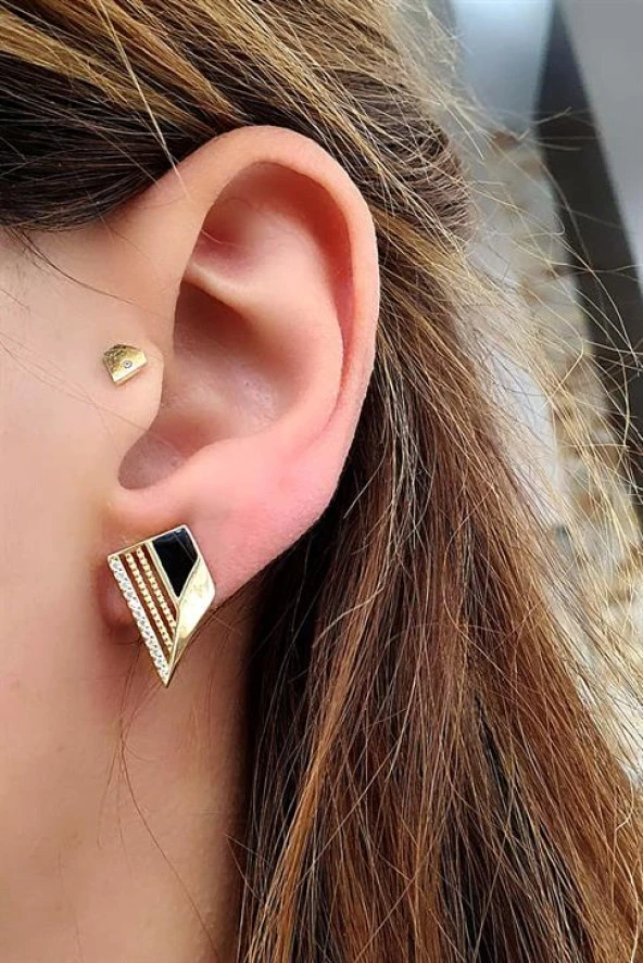 Siyah Mineli 925Ayar Gümüş Üzerine Altın Kaplama Luxury Tasarım Trend Küpe ürün görseli 1