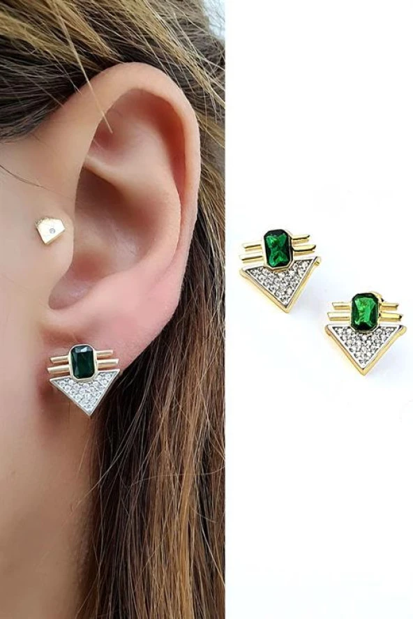 Yeşil Zirkon Taşlı 925Ayar Gümüş Üzerine Altın Kaplama Luxury Tasarım Trend Küpe ürün görseli 1