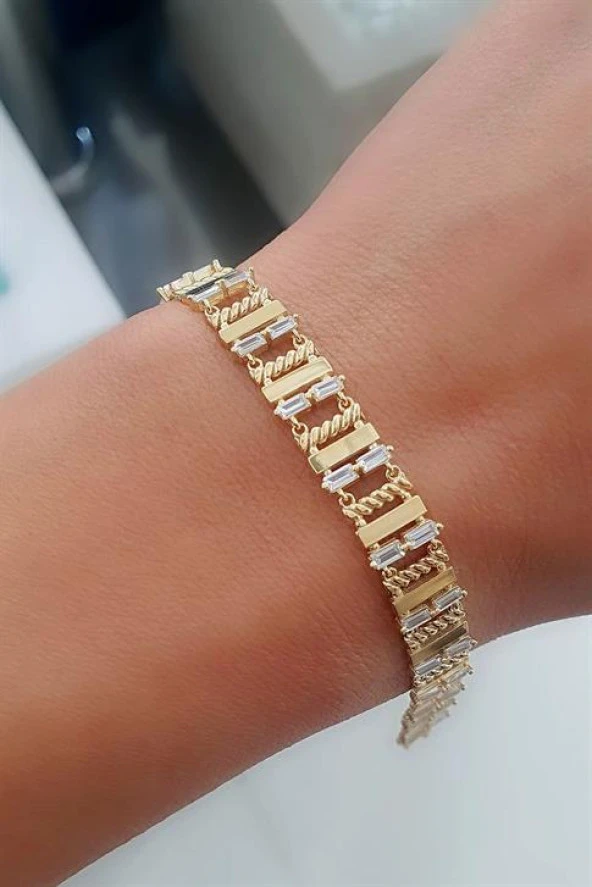 Zirkon Taş Detaylı 925Ayar Gümüş Üzerine Altın Kaplama Luxury Tasarım Trend Bileklik ürün görseli 1