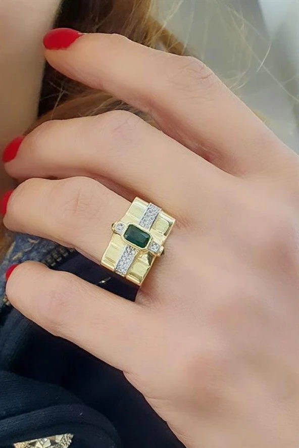 Yeşil Zirkon Taşlı 925Ayar Gümüş Üzerine Altın Kaplama Luxury Tasarım Ayarlanabilir Yüzük ürün görseli 1