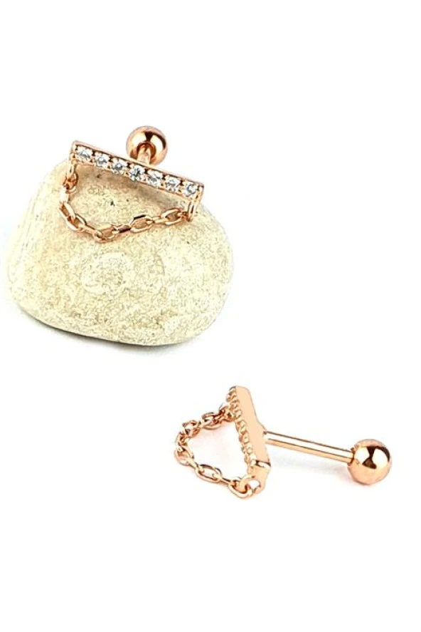 925Ayar Gümüş Rose Zirkon Taşlı Zincirli Tragus Kıkırdak Piercing ürün görseli 1