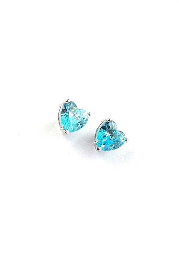 Sky Diamond Blue Aquamarin Taşlı Minimal Kalp Küpe ürün görseli 1