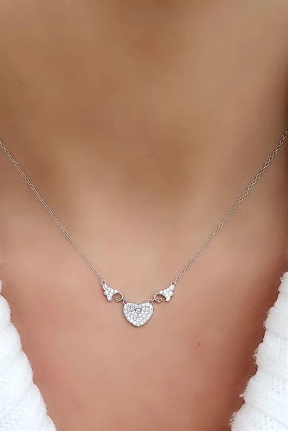 Sky Diamond Taşlı 925Ayar Gümüş Üzerine Beyaz Altın Kaplama Aşkın Kanatları Şık Kalp Melek Kanadı Kolye ürün görseli 1