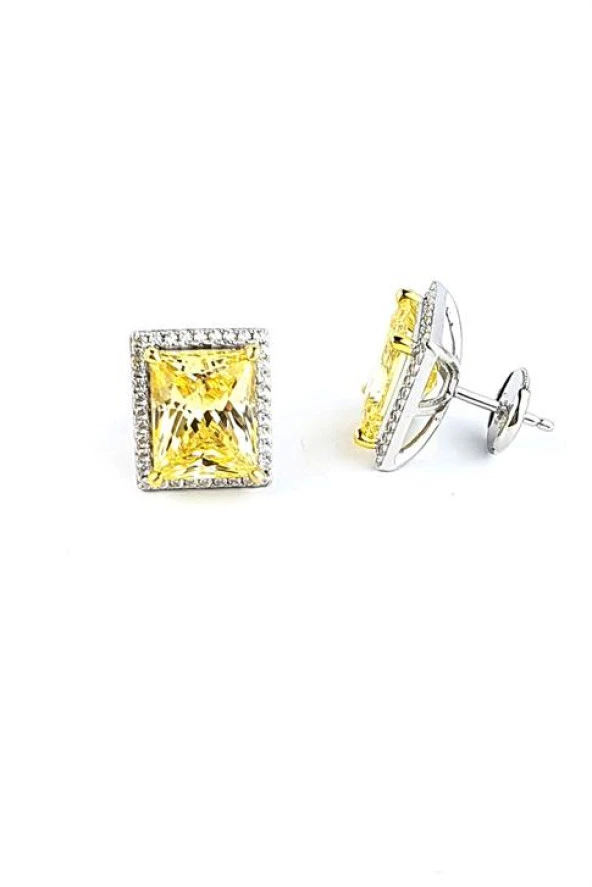 Sky Diamond Yellow Sitrin Taşlı 925Ayar Gümüş Üzerine Beyaz Altın Kaplama Baget Tek Taş Küpe ürün görseli 1