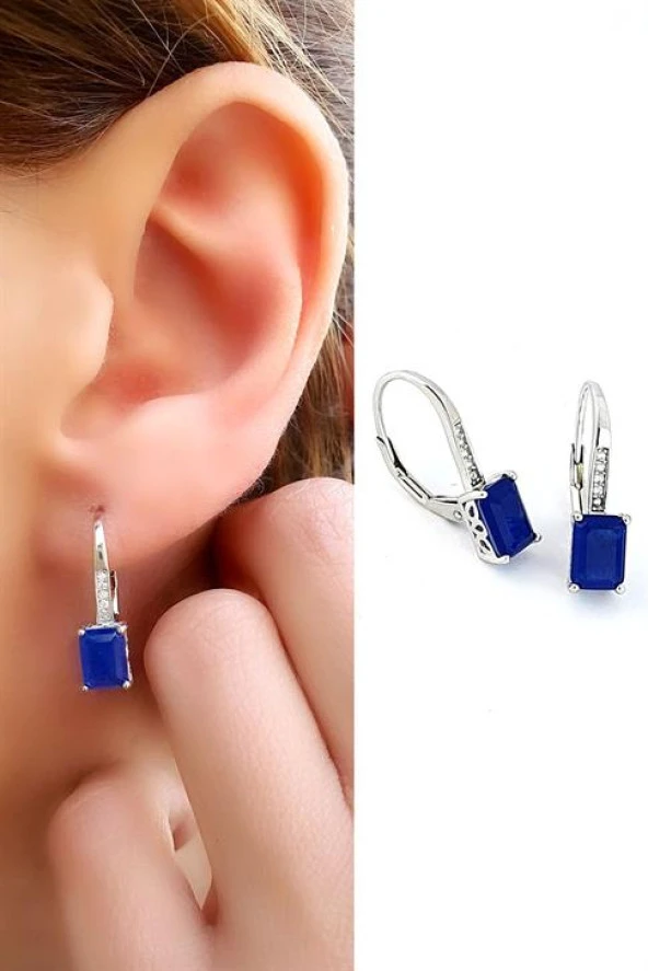 Sky Diamond Blue Creative Sapphire Taşlı 925 Ayar Gümüş Baget Küpe ürün görseli 1
