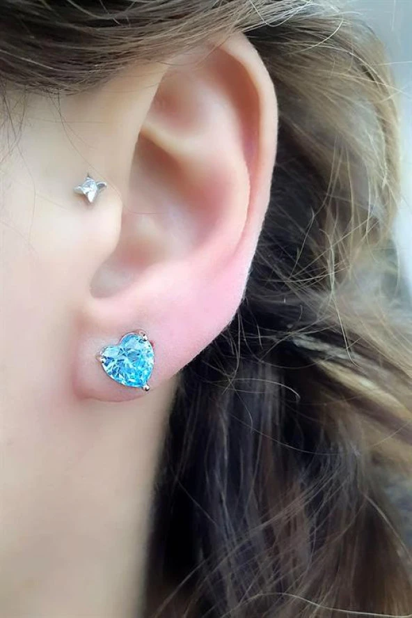 Sky Diamond Blue Aquamarin 925 Ayar Gümüş Kalp Küpe ürün görseli 1