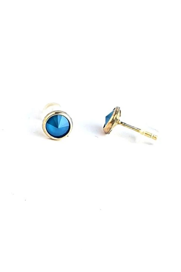 Mavi Swarovski Taşlı 925Ayar Gümüş Üzerine Altın Kaplama Top Küpe ürün görseli 1