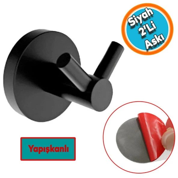 Yapışkanlı Metal Sağlam Banyo Lavabo Çatal 2li Askılık Aparat Bornoz Havlu Asma Askı Siyah Renk ürün görseli 1