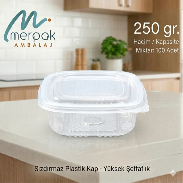 Plastik Saklama Kabı 250 gr 100'lü Kapaklı Sızdırmaz Kap Şeffaf Kullan At Kase ürün görseli 1