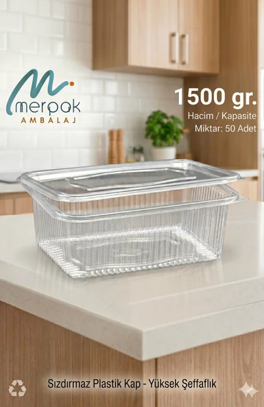Plastik Saklama Kabı 1500 gr 50'li Kapaklı Sızdırmaz Kap Şeffaf Kullan At Kase ürün görseli 1