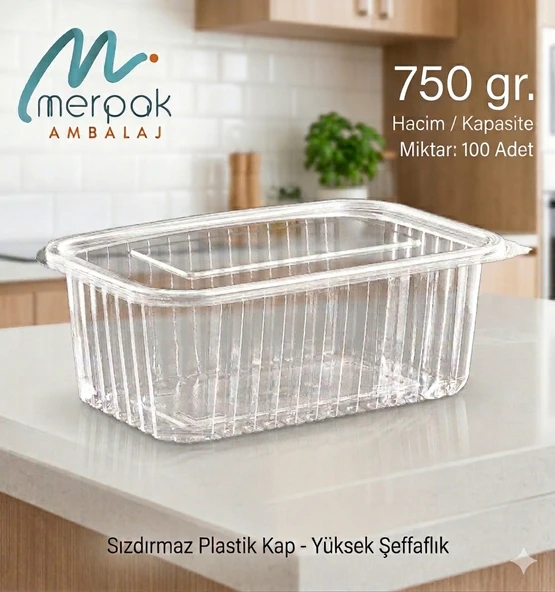 Plastik Saklama Kabı 750 gr 100'lü Kapaklı Sızdırmaz Kap Şeffaf Kullan At Kase ürün görseli 1