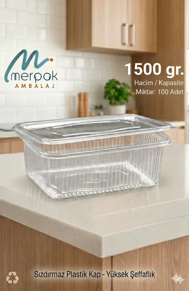 Plastik Saklama Kabı 1500 gr 100'lü Kapaklı Sızdırmaz Kap Şeffaf Kullan At Kase ürün görseli 1