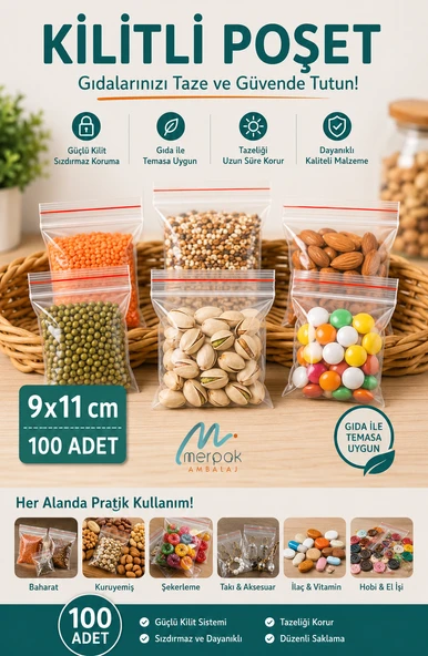 Kilitli Torba 9x11 Cm 100'lü Şeffaf Kilitli Poşet Kına Çerez Kuruyemiş Poşeti ürün görseli 1
