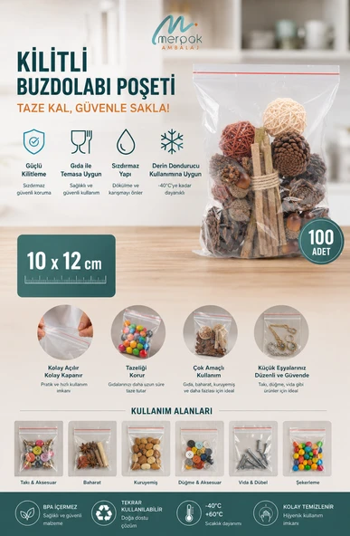 Kilitli Torba 10x12 Cm 100'lü Kilitli Buzdolabı Poşeti Şeffaf Kilitli Poşet Kilitli Saklama Poşeti ürün görseli 1