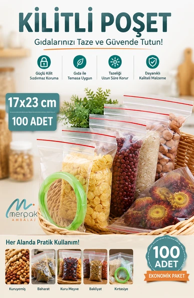Kilitli Torba 17x23 Cm 100'lü Kilitli Buzdolabı Poşeti Şeffaf Kilitli Poşet Kilitli Saklama Poşeti ürün görseli 1