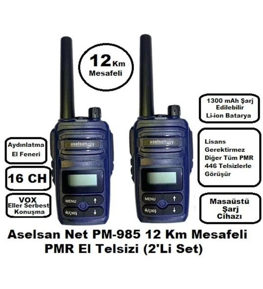 Aselsan PM985 12Km Açık Alan Mesafeli Pmr El Telsizi (2'li Set) ürün görseli 1