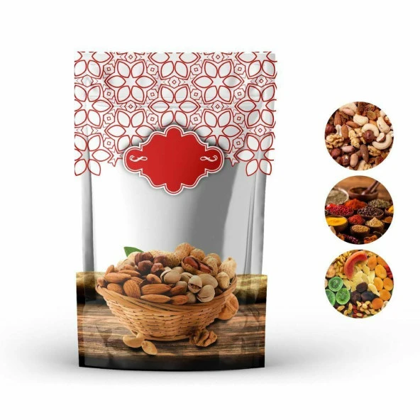 Kırmızı Kuruyemi̇ş Desenli̇ Doypack 17,5x25+4,5 Cm 500 Gr 1000 Adet ürün görseli 1