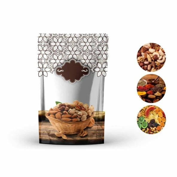 Kahverengi̇ Kuruyemi̇ş Desenli̇ Doypack 13x20+4 Cm 250 Gr 1000 Adet ürün görseli 1