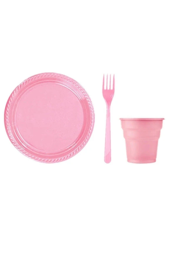Plastik Tabak Bardak Çatal Set 25 Kişilik Pembe ürün görseli 1