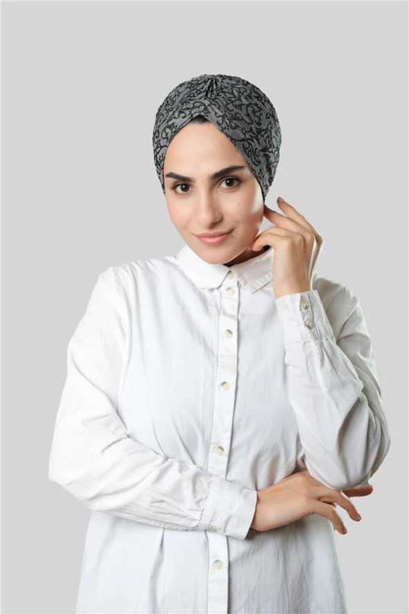 Gri Pratik Hazır Geçmeli Tesettür Bone Jakar Kendinden Desenli 1209_15 ürün görseli 1