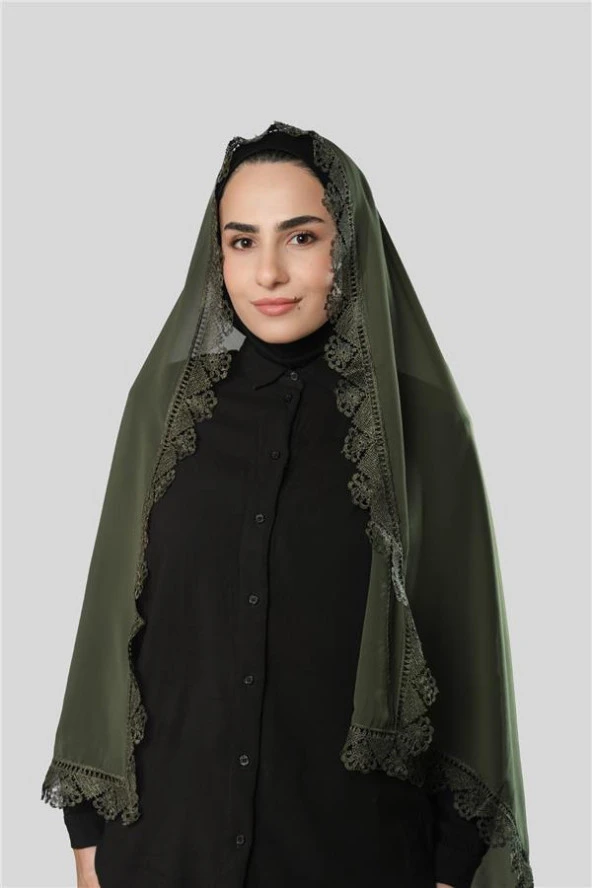 Haki Namaz Başörtüsü Şal Şifon Güpürlü 202106_09 ürün görseli 1