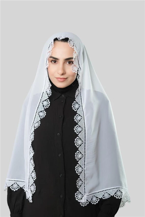 Beyaz Namaz Başörtüsü Şal Şifon Güpürlü 202106_42 ürün görseli 1