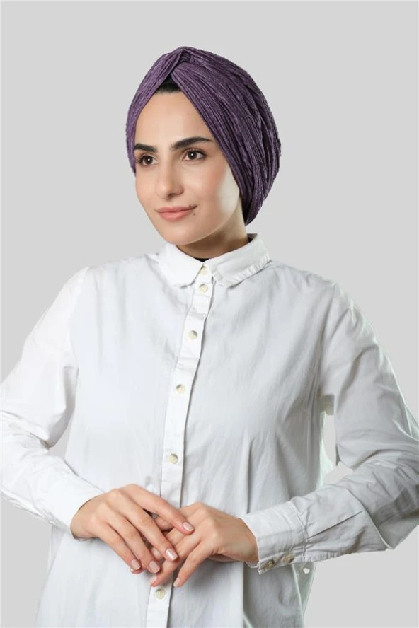 Mor Çapraz Büzgülü Piliseli Tesettür Bone Fukuro Kendinden Desenli 2316_22 ürün görseli 1