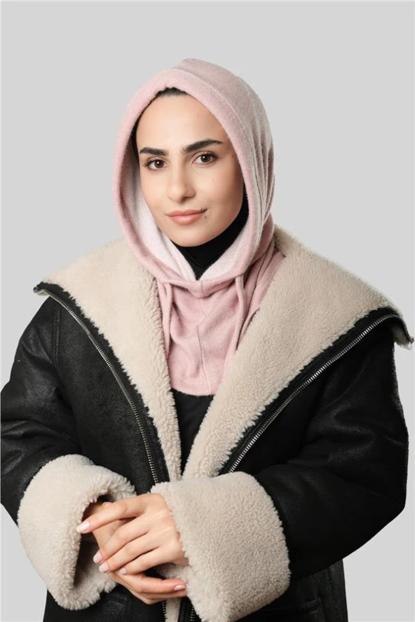 Pudra Bağcıklı Peluş Salaş Balaklava Boyunluklu Bere Jakar Düz 2328_06 ürün görseli 1
