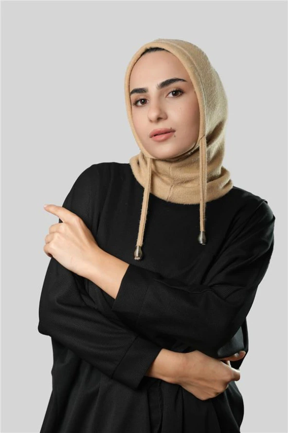 Bej Bağcıklı Peluş Balaklava Boyunluklu Bere Jakar Düz 2327_12 ürün görseli 1